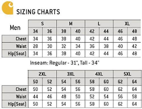 Carhartt Mens Scrubs Size Chart