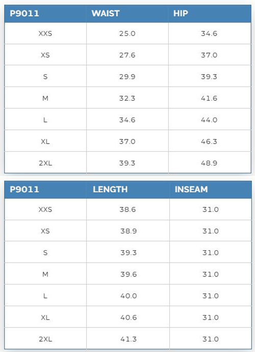 P9011 Size Chart